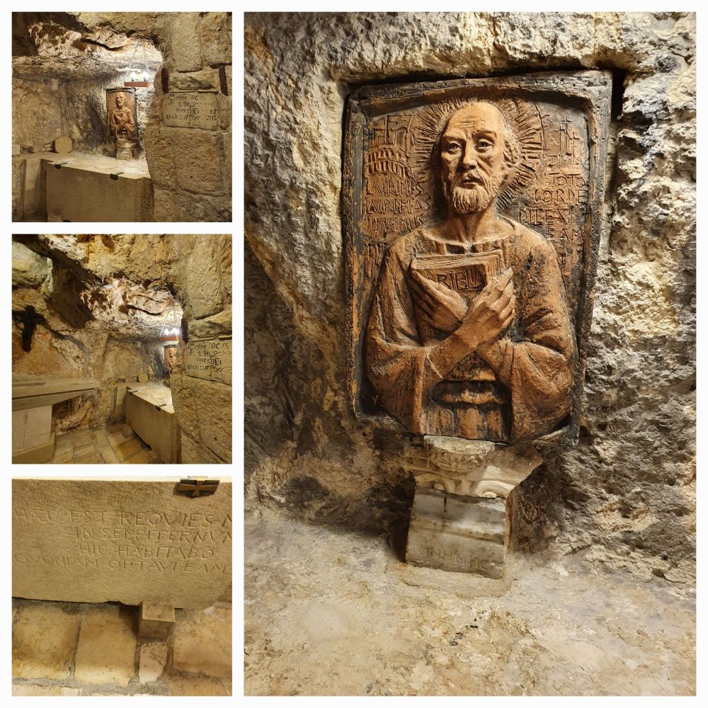 Basilique de la Nativité, Bethléem - grotte de Saint Jérôme avec son cénotaphe (collage de 4 photos)