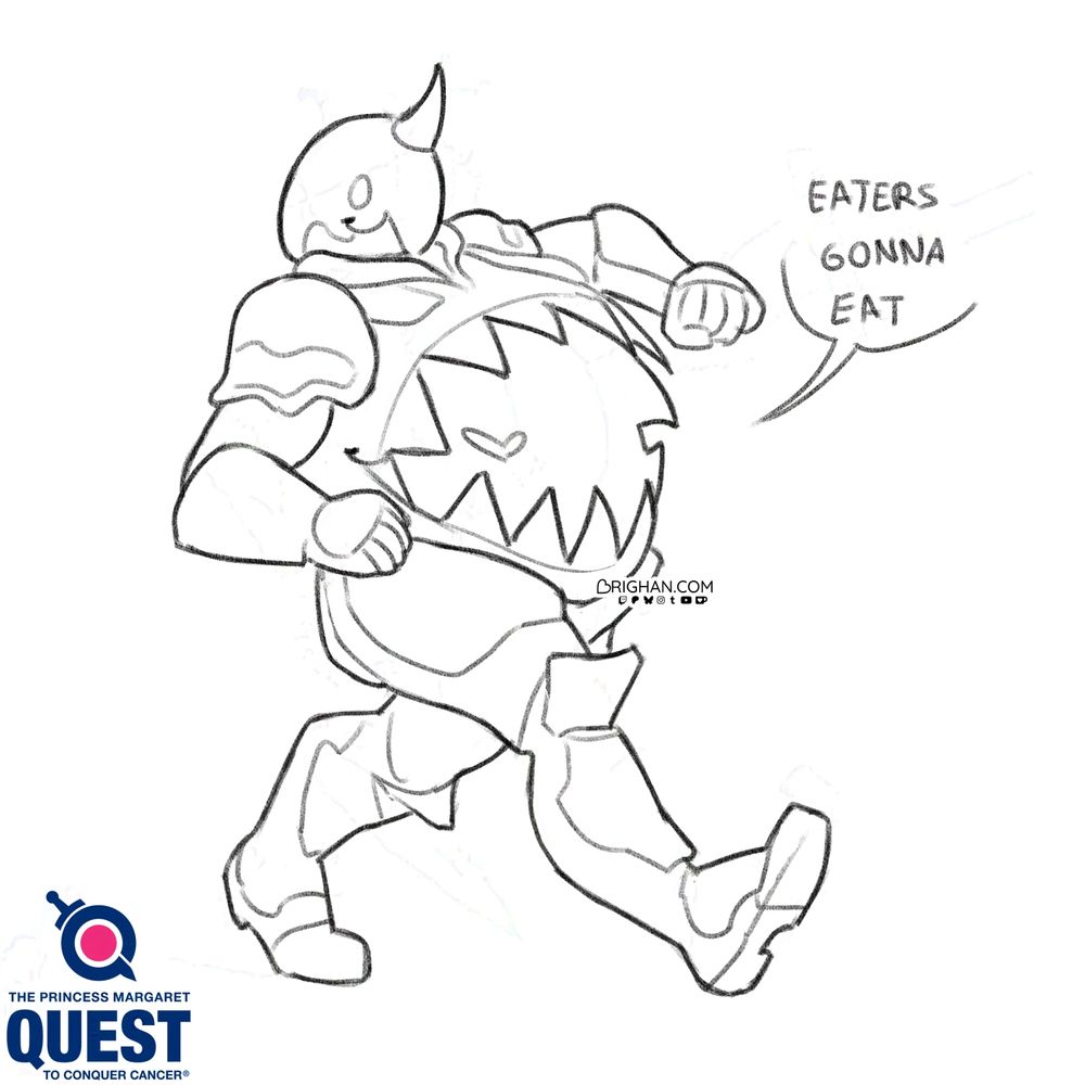 A doodle of Grendel from Warframe walking to the right. He is moving his arms with the motion and the mouth on his belly is open. A bubble of text is coming out of it. It reads "Eaters gonna eat".