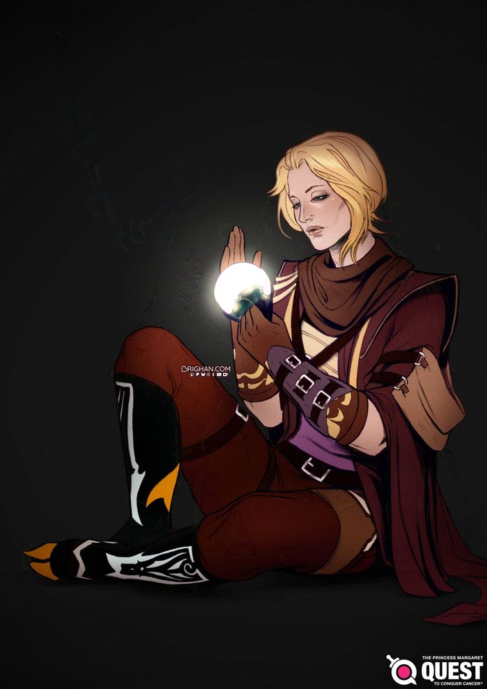 A sketch colored drawing of a Drifter from Warframe. They have blonde short hair with bangs brushed to the left side of their face, pale skin and green eyes. They have a nostalgic expression while looking at a Zariman lantern that they are holding with their hands while sitting on the floor.
Their outfit has dark wine hues with brown and light yellow details. Cloth falls from the arms at elbow height and lower back, and the shoes are knee height black boots with white and yellow highlights.