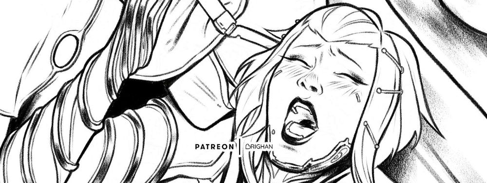 A snippet of an inked illustration showing Aoi Morohoshi from Warframe laying on the couch from the Backrooms as Drifter is holding her. She has her eyebrows frowned upwards with eyes closed and mouth open.