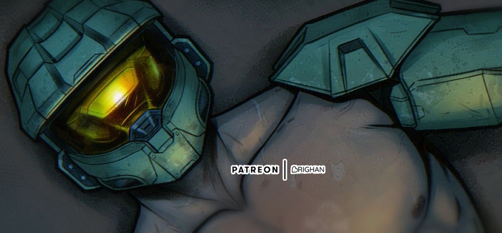 A snippet of an illustration depicting Master Chief. He has his helmet and arm's armor, but his chest isn't covered by any armor.