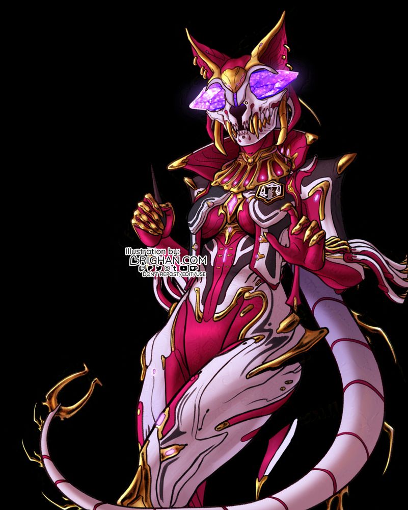 A drawing of an archon original character from the Warframe Universe. They're installed in a Garuda Prime with redish pink, purple white and dark grey colors with gilded highlights. The head depicts the skull of a cat with a purple shard going through the eyes. They are standing and holding a pen with their right hand.