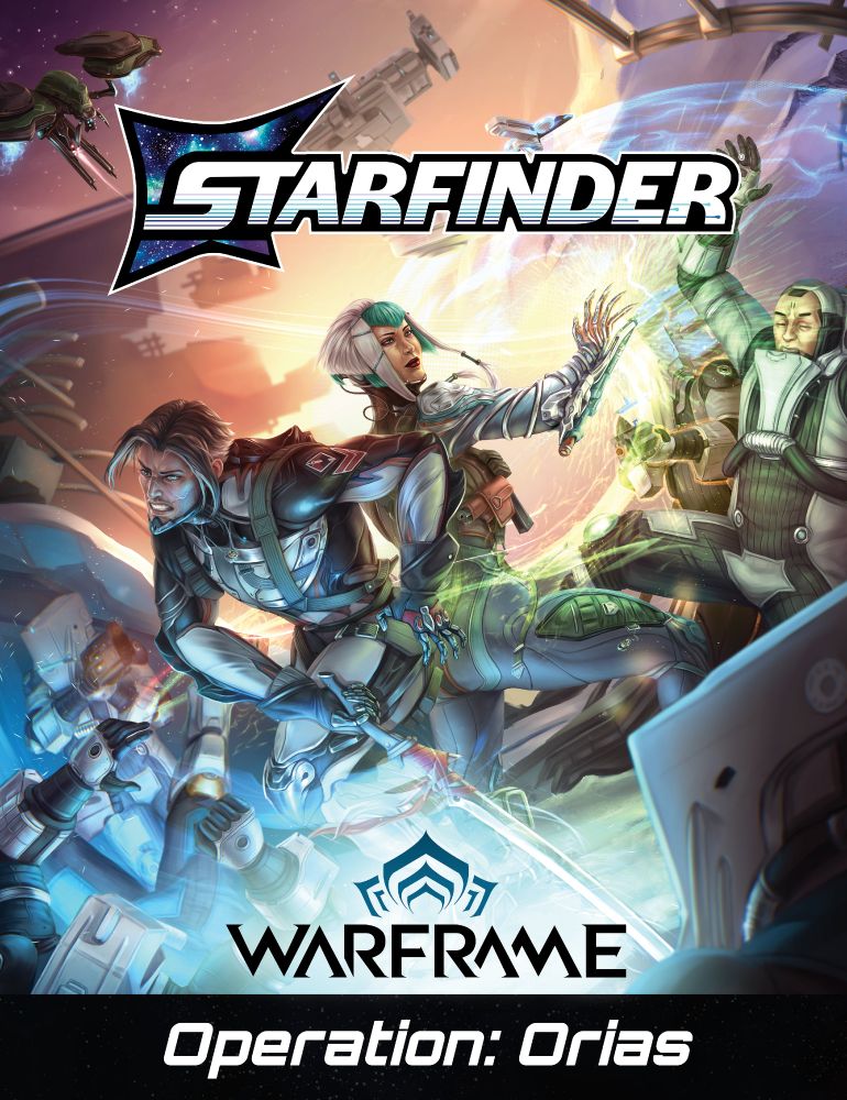 An illustration from Starfinder; Warframe: Operation: Orias. Arthur and Aoi from Warframe 1999 are fighting back to back against a group of Corpus Crewmen that is surrounding them in an installation that has turned to wreckage. Arthur is wielding his exalted sword while leaning forward and gritting his teeth, making a crewman fall against the snow of Venus. Aoi is using her magnetic powers full of determination in an intense bright green blast defeating another crewmen, whose helmet is getting thrown into the air. The trail of her powers is also changin the trajectory of a bullet than an Eximus is aiming at Arthur, making it describe a curve around her waist and move it towards the unit aiming at Arthur from the left side. A ship is flying over the sunset above them as a drone stays close and trying to shoot at both without avail due to Aoi's powers.