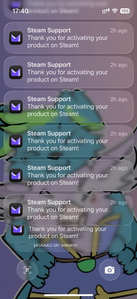 A phone Home Screen with dozens of notifications reading "Thank you for activating your product on Steam!"