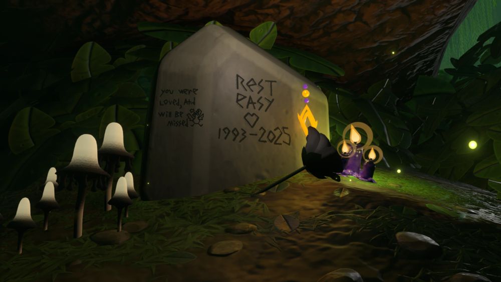 A gravestone, marked with Birdthings' insignia.
Engraved is "Rest easy 1993 - 2025; you were loved and will be missed"