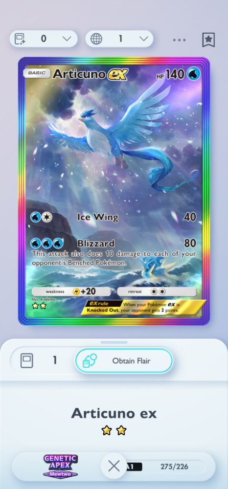 Articuno EX 2 star rainbow border alt art from Pokemon TCGP 