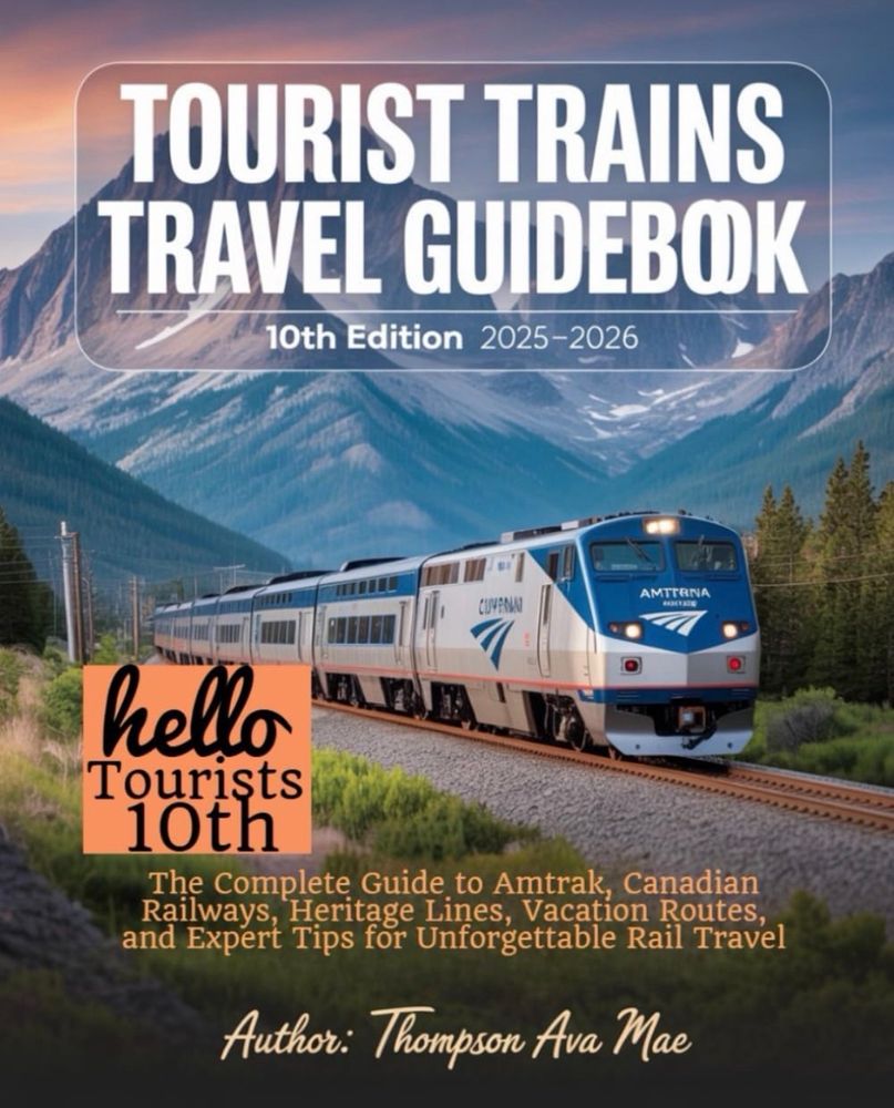 Tourist Trains Travel Guidebook by Thompson Ava Mae. On the left it says “hello Tourists 10th” and I don’t know why. Probably something related to this being the “10th Edition”. The train resembles Amtrak, but says “AMTTRNA” on the front and what looks like “CYSTBRIAN” on the side.