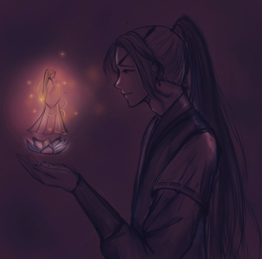 a very rough sketch of hua cheng in a ponytail in a pose similar to sophie (in howl’s moving castle) holding calcifer, a lotus is hovering on top of his cupped hands and a tiny lit up xie lian in his crown prince robes on top of the lotus, the color palette is dark warm purple 