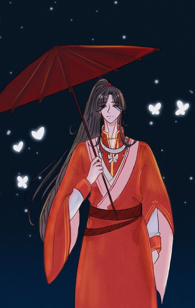 hua cheng with an umbrella with a bluey, starry background 