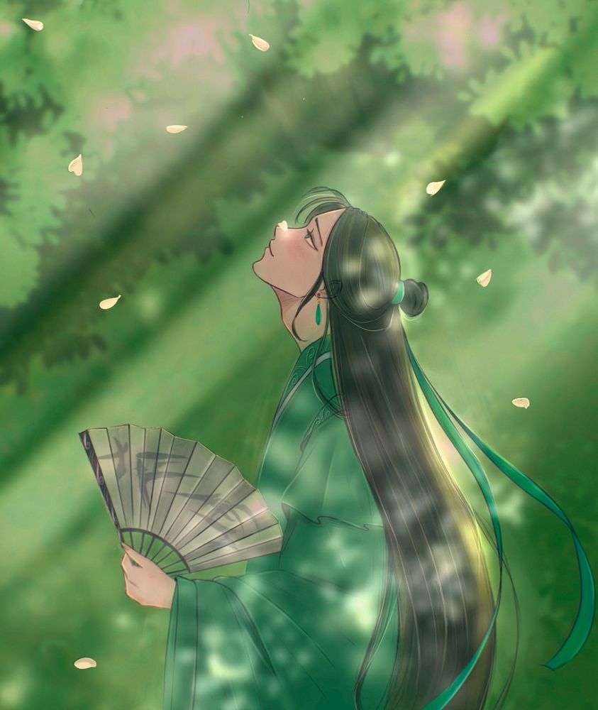an illustration of shen qingqiu with a vibrant green color palette and lit up with soft light speckles, it’s a side view and sqq is looking upwards towards the sky (with a hint of a smile and a dangly earring in his ear), he’s holding his signature fan in his left hand as pale colored flower petals rain downwards