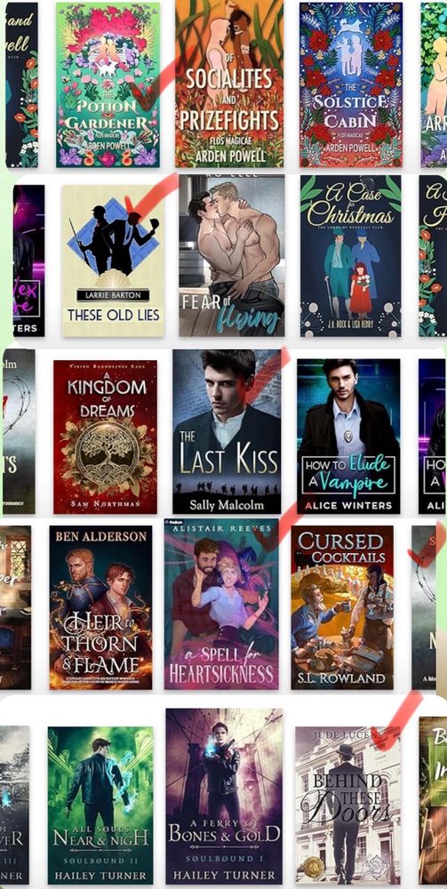 A grid of books by Arden Powell, Larrie Barton, K.C. Elle, J.A. Rock and Lisa Henry, Sam Northman, Sally Malcolm, Alice Winters, Ben Alderson, Alistair Reeves, S.L. rowland, Hailey Turner, Jude Lucens, Autumn Wolf. Red ticks are on books by Powell, Barton, Malcolm, Reeves and Lucens. 