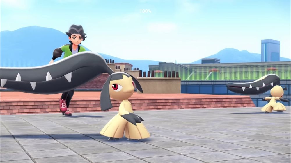 Mawile standing on a rooftop legs spread out, big jaw head flying behind it. Another mawile is in the back doing the Naruto run