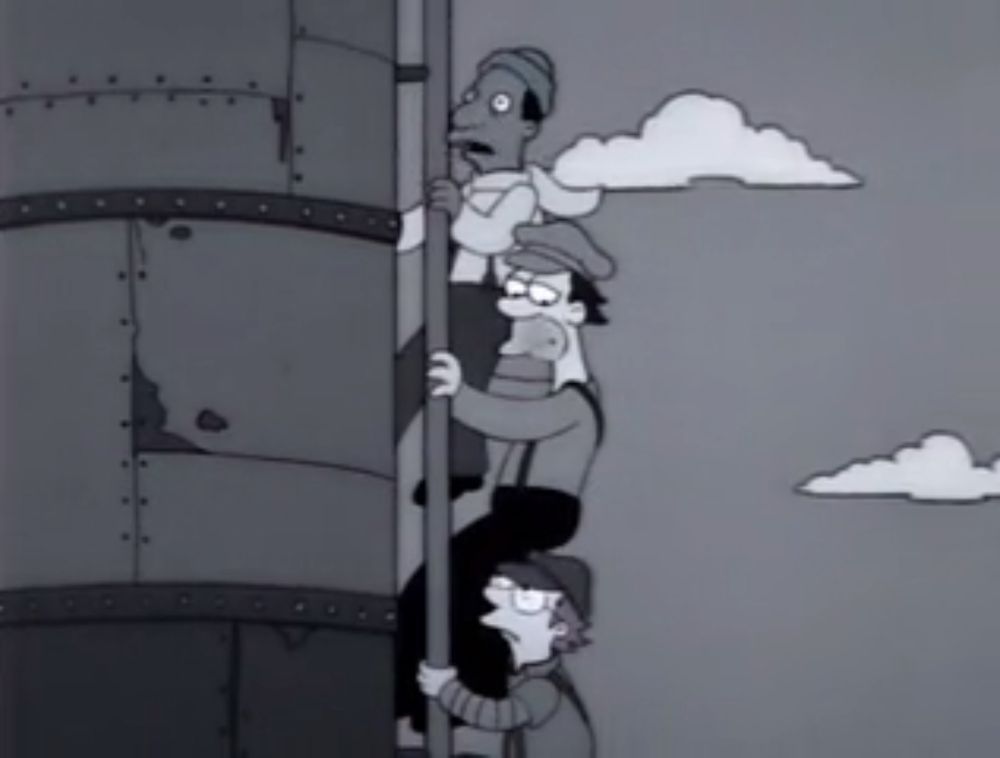 Screenshot from the Treehouse of Horror where Homer is King Kong. Image is black and white and features Lenny, Carl, and some other guy climbing a ladder on a boat
