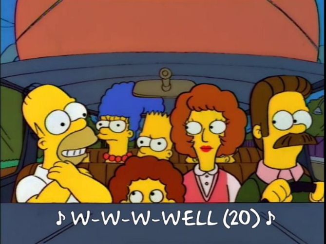 An image from the Simpsons featuring the titular family in a car with the Flanders family.