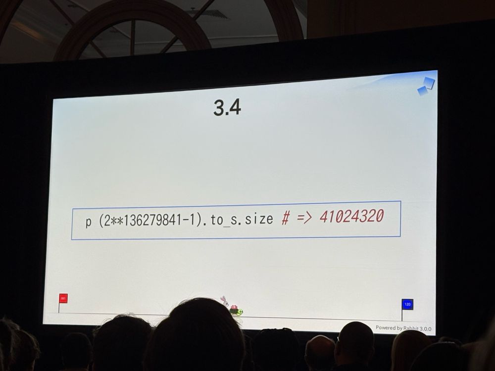 A slide from Matz’s RubyConf 2024 keynote showing Ruby calculating the largest known prime number