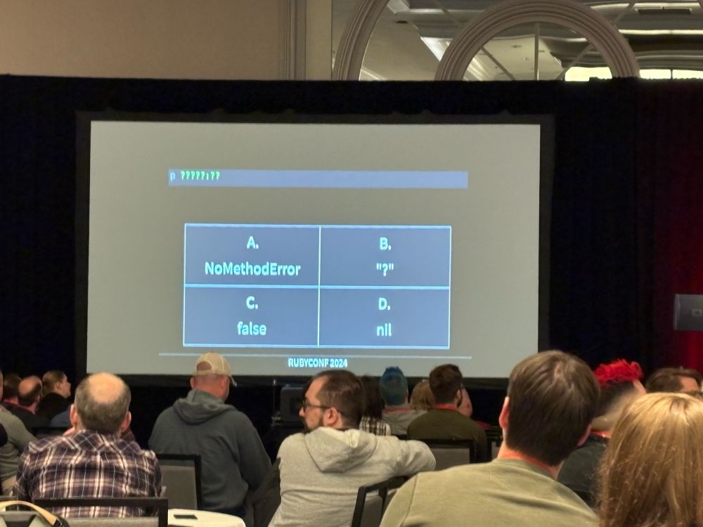 A slide from “Who Wants to be a Ruby Engineer” with the code snippet:

p ?????:??

And four multiple choice answers for what that code evaluates to.