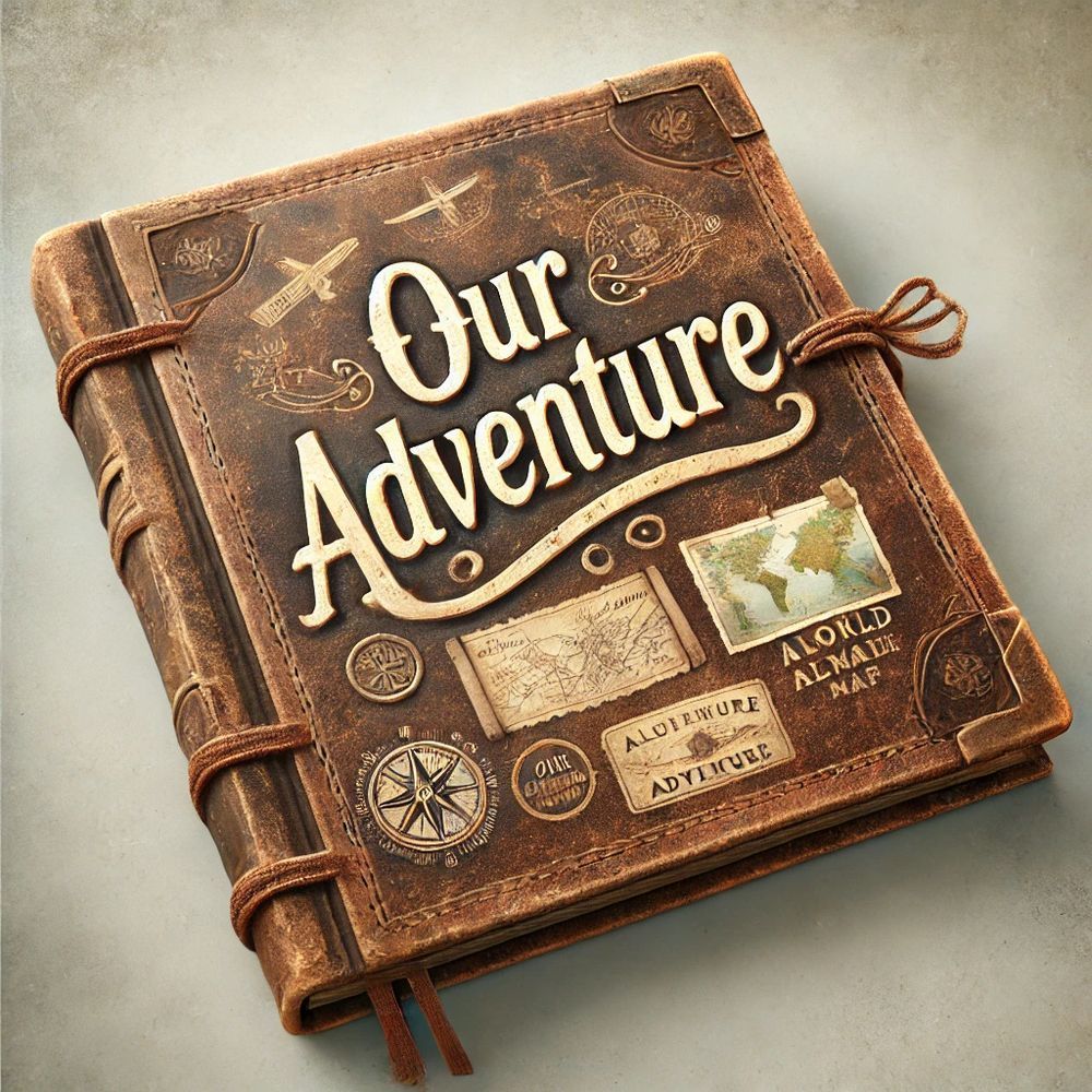 A vintage photo album cover titled “Our Adventure.” The cover is made of aged, distressed brown leather with visible scuffs, faded areas, and a slightly worn texture. The edges feature small rips and fraying, giving it a well-loved appearance. The bold, whimsical golden title is centered on the cover, surrounded by faded travel-themed doodles like a compass, airplane, and map details. The spine is bound with brown string tied in a neat bow, adding a rustic, handmade touch. Worn metallic embellishments adorn the corners, enhancing the timeless, nostalgic design.