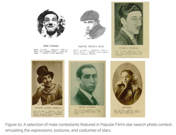 Figure 10.A selection of male contestants featured in Popular Film’s star-search photo contest, emulating the expressions, postures, and costumes of stars.
These photographs can be found in the following issue numbers of Popular Film: José Alegre (No. 44, p. 16); Miguel Molina Ruiz (No. 42, p. 16); Antonio A. Fozmark (No. 31, p. 12); Joaquín Castro Morilla (No. 27, p. 12); Miguel Gutiérrez (No. 24, p. 12); and José Roda (No. 26, p. 12).