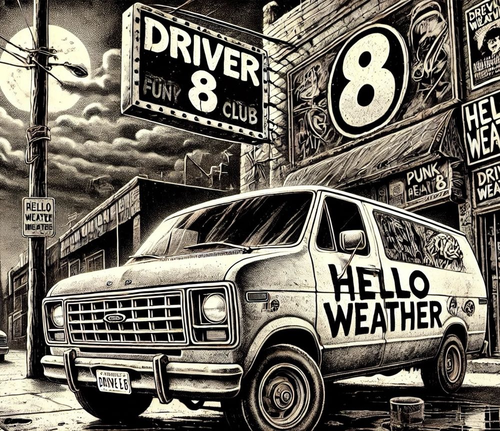A drawing of an old van parked in front of a night club. The van has the name of the beloved weather app Hello Weather painted on the side. 