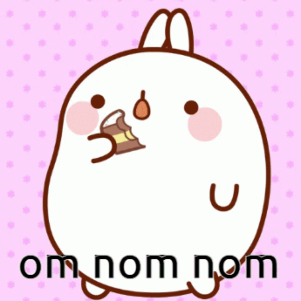 a cartoon of a bunny with the words om nom nom written below it