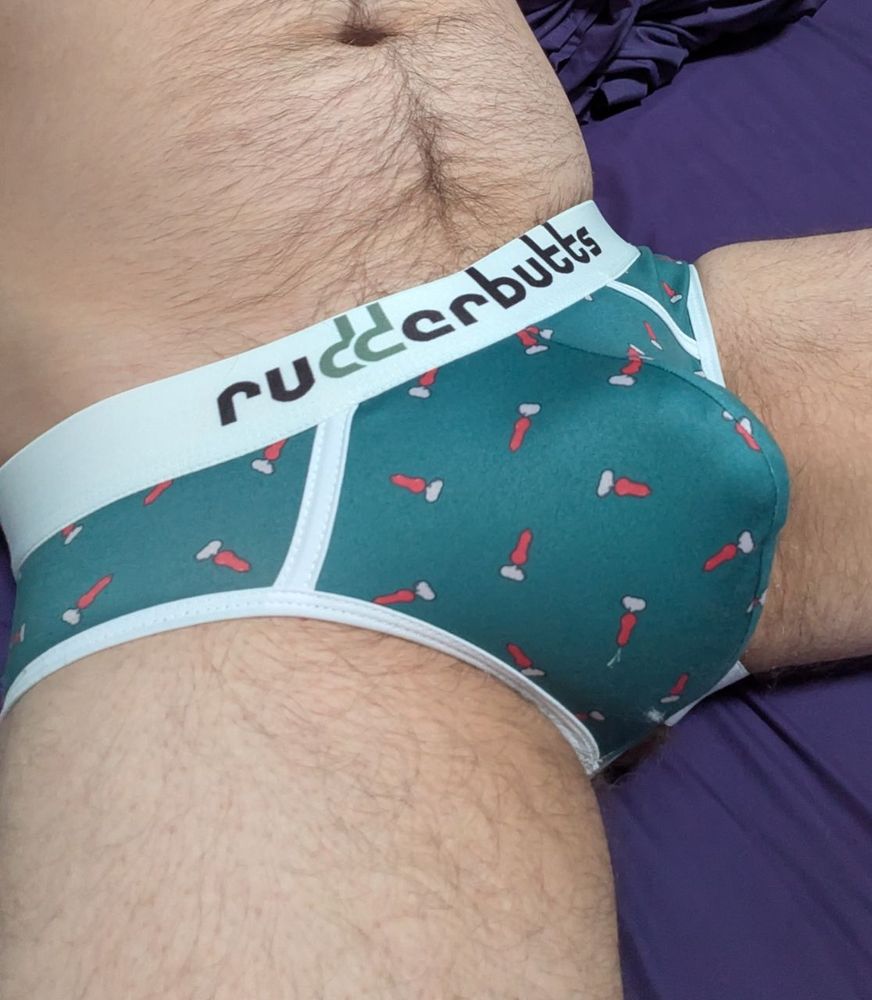 My crotch, wearing a pair of teal Rudderbutts brand jock with the "red rocket" pattern that has knotted dog penises printed in red and white. I have hair trailing from my belly button into the front of the underwear and the imprint of my penis can be seen through the jock pouch.