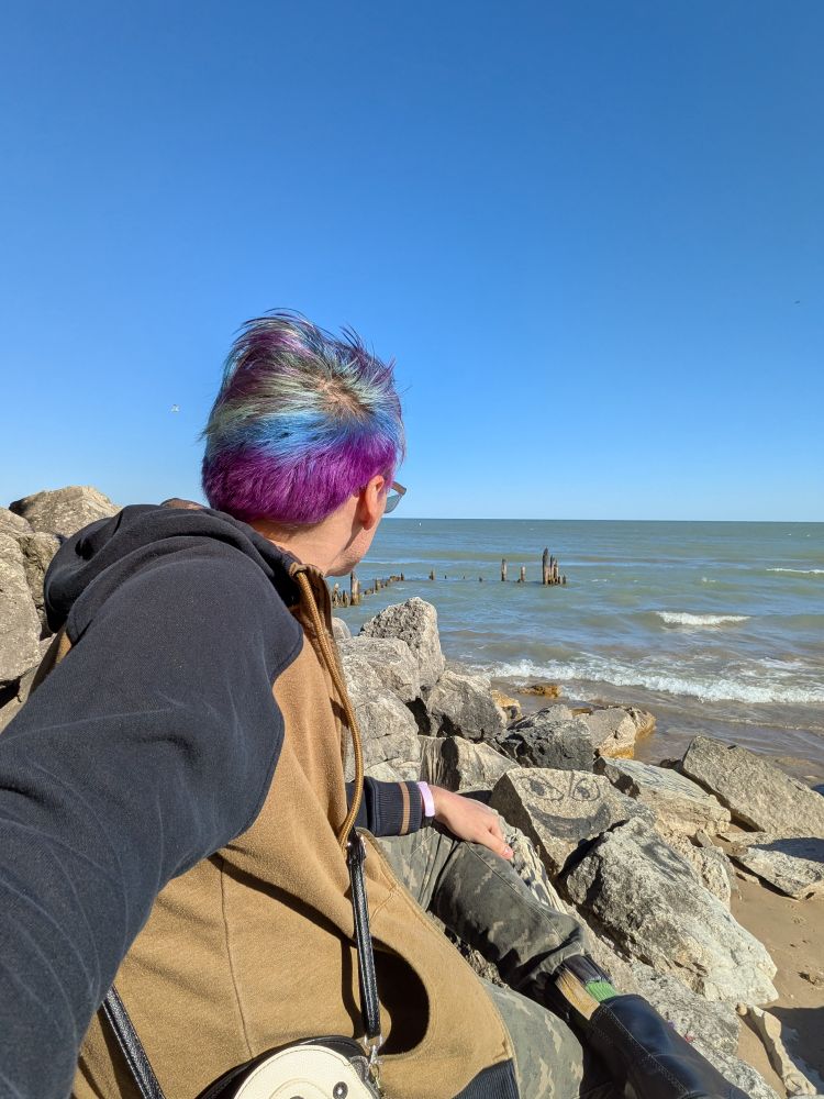 Me, sitting on the rocks looking out at Lake Michigan. I'm wearing "digital camo print pants, a brown and black zip up jacket, black Doc Martens, and an otter shaped sling bag that's only partially visible. My hair is purple, blue, and green and I'm wearing glasses but my face is turned away.