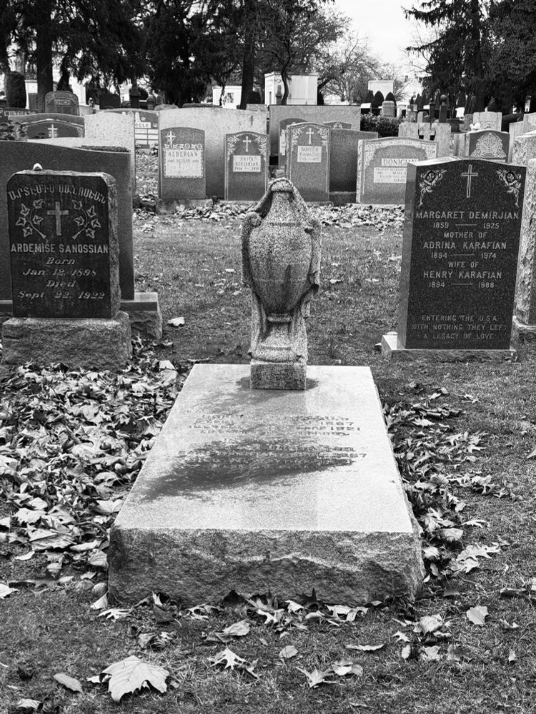 A black and white photo of a marble cenotaph between two headstones. The centotaph has a stone urn resting on it. There is a large smear of dust on the cenotaph towards the viewer.