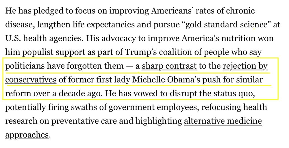Screen grab reads: His advocacy to improve America’s nutrition won him populist support as part of Trump’s coalition of people who say politicians have forgotten them — a sharp contrast to the rejection by conservatives of former first lady Michelle Obama’s push for similar reform over a decade ago. 