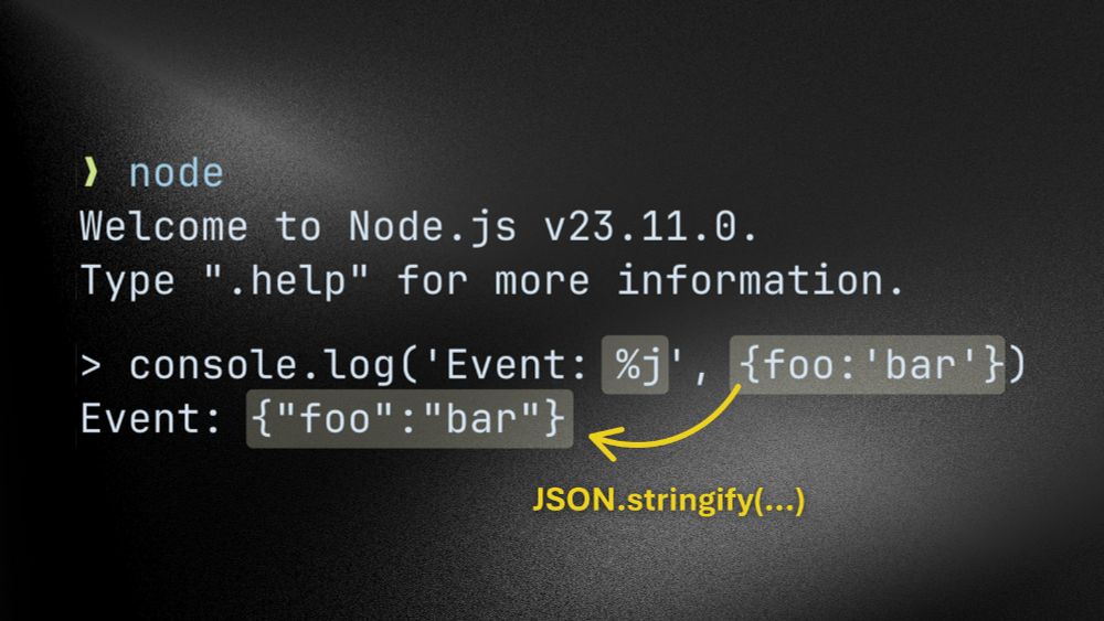 A dark-themed terminal screenshot showing Node.js v23.11.0 and a console.log() call with a format string. The command console.log('Event: %j', {foo: 'bar'}) is displayed, with a yellow arrow pointing to the resulting JSON string {"foo":"bar"}. A label below reads 'JSON.stringify(...)' to explain the %j placeholder behavior.