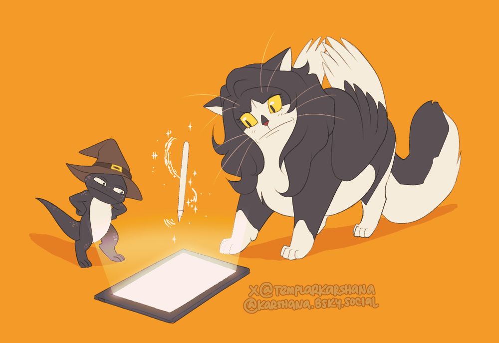 Andy the lizard wizard and Cay the tressym staring at a blank drawing tablet while a pen floats magically over it.