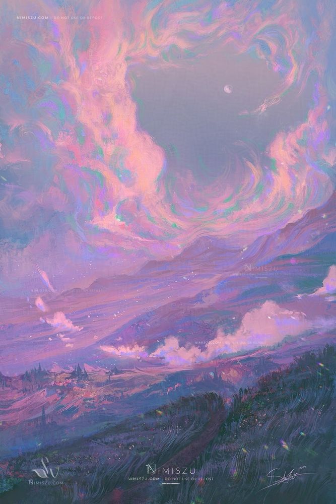 Digital painting by Nimiszu of a cloudy mountainside path surrounded by tall grass. It goes down the mountainside and the view looks up at swirling clouds around the moon in a pink sky.