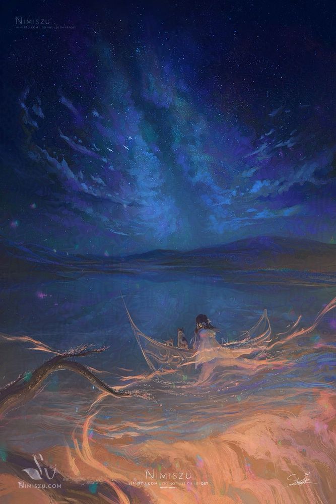Digital painting by Nimiszu of a girl leaning on a boat that’s near going over the edge of a waterfall. She wears a cloak that melts into the water and also into the air like fire. An adult cat and a kitten are on the boat, and they all are looking into the distance which is mountainous and under a starry night sky.