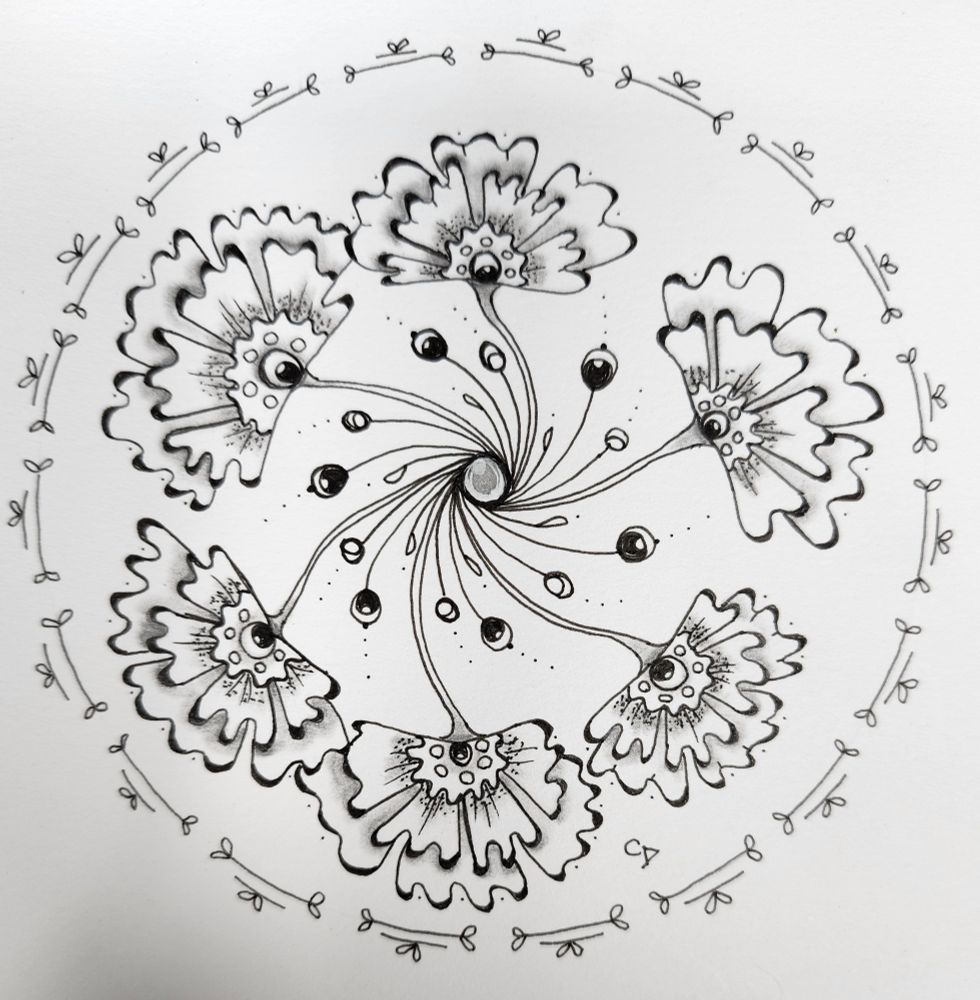 Zentangle inspired art in a circle. A border of KJB (Debbie Minera). Six Enomena (Debbie Minera) which are flower like. Coming out from the center Bobblz (Debbie Minero) and Fiscu. Shaded with pencil and for sparkle some white jellyroll in the middle.