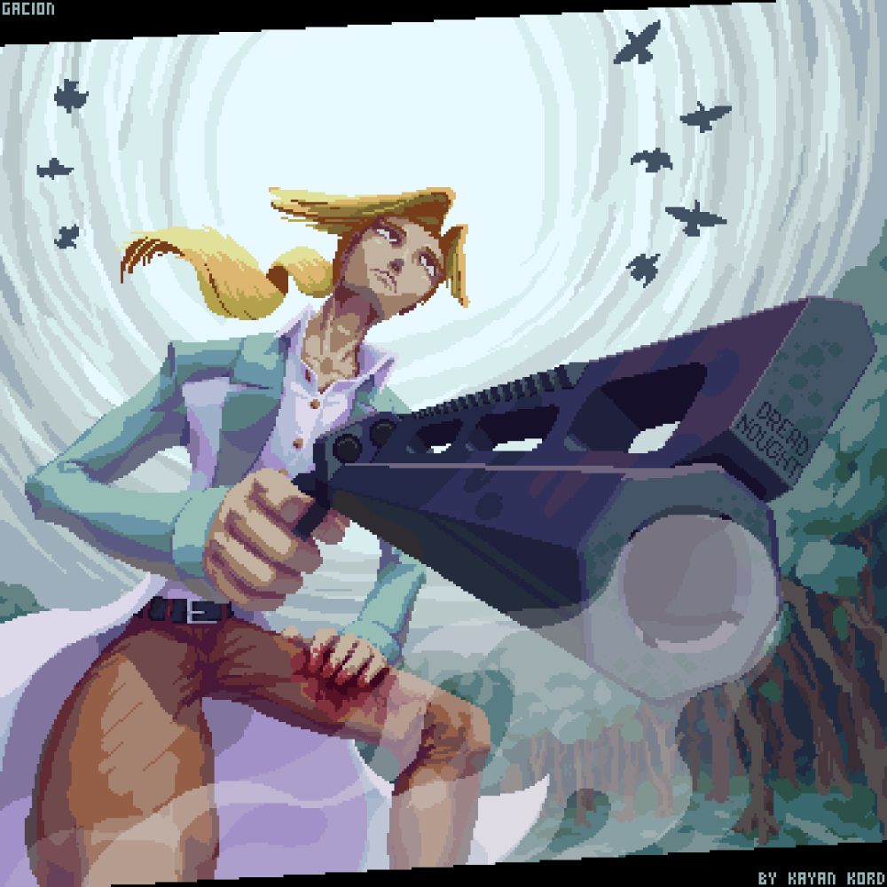 Pixel art. A man in a lab coat stands in the middle of a gloomy forest. He is wounded in the leg, and smoke is coming from the barrel of his five-shot revolver. He looks into the distance, at his target. 