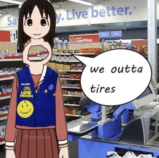 Osaker stating, "we outta tires," seemingly unaware of her suspiciously tire-shaped neck