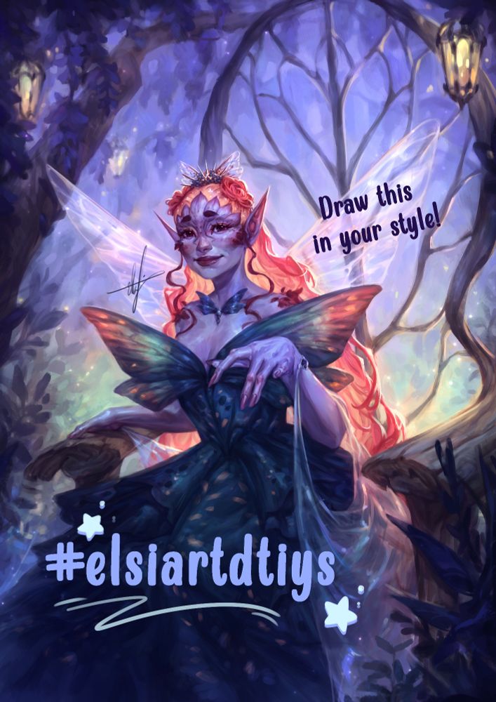 I'm hosting a draw-this-in-your-style challenge. The image you are challenged to draw portrays a purple skinned fae with long sunset colored hair, two rose shaped hair buns to either side, a flowery crown, necklace and deep blue gown with butterfly wing motives. She has see through wings reminiscent of a dragonfly, and she's backlit from the evening sun atop of a wooden throne. The background contains purple wisteria, hanging lanterns and lots of other plant foliage and fireflies. The fey lady, who's name is Shae, wears a soft smile and reaches out a hand in the way a noble would when asked to dance. 