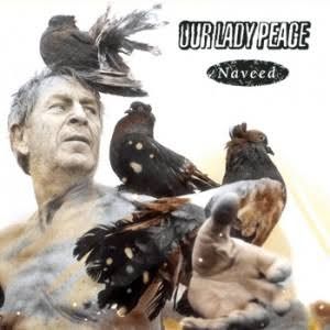 Cover art of the Our Lady Peace album, Naveed, featuring a shirtless older white man with hand outstretched towards the camera and 3 pigeons sitting on his head, shoulder and arm.