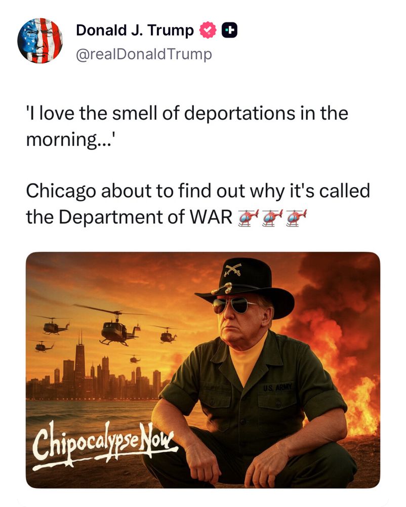 A Truth Social post from Donald Trump that threatens that reads in part: “Chicago is about to find out why it’s called the Department of WAR.”
