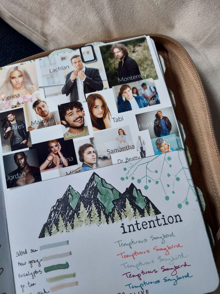 Image shows a cast of characters. At the bottom of the page is a mountain range, and the words Temptuous Songbird in several colors. 