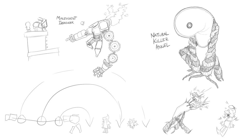 Miscellaneous rough concepts, chiefly centered Malevolent Ironwork, an automaton powered by SPITE, and the Natural Killer Angel, a mysterious pursuer that only Vivian can see...!