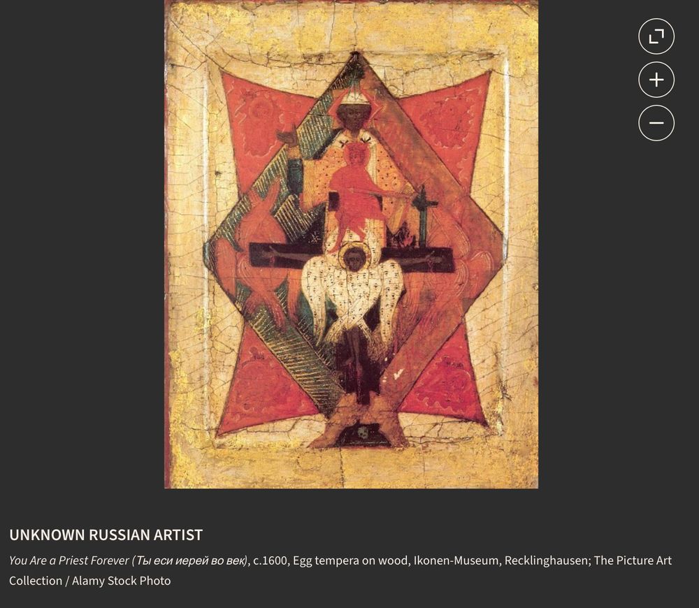 UNKNOWN RUSSIAN ARTIST
You Are a Priest Forever (Ты еси иерей во век), c.1600, Egg tempera on wood, Ikonen-Museum, Recklinghausen; The Picture Art Collection / Alamy Stock Photo