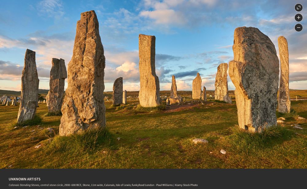 UNKNOWN ARTISTS
Calanais Standing Stones, central stone circle, 2900–600 BCE, Stone, 11m wide, Calanais, Isle of Lewis; funkyfood London - Paul Williams / Alamy Stock Photo