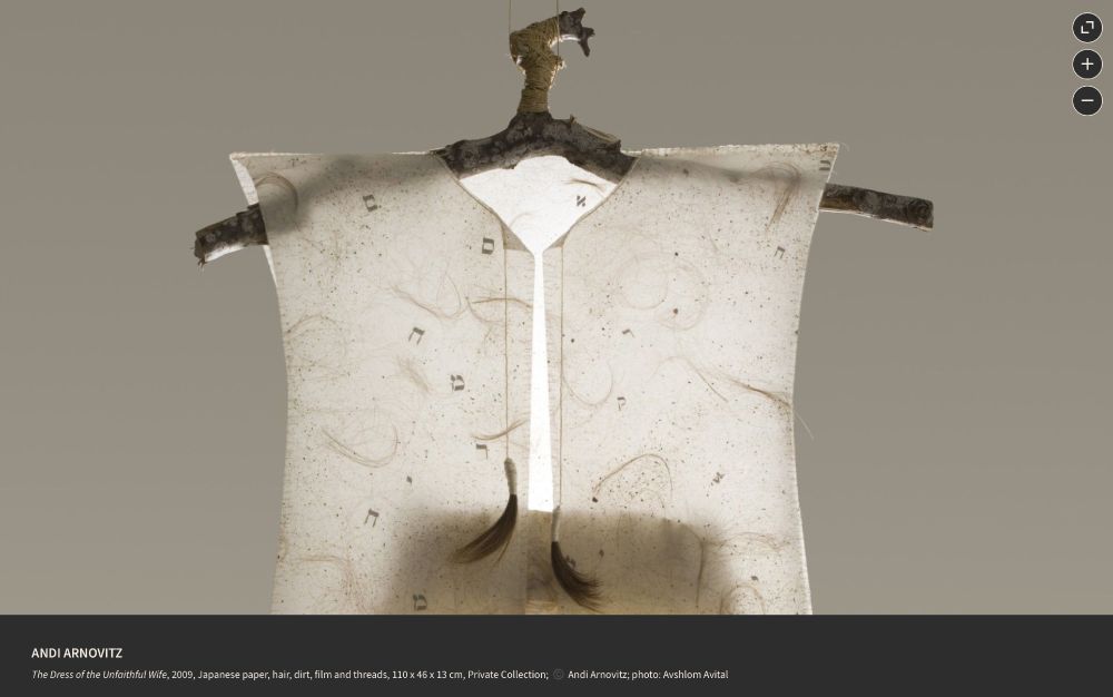 ANDI ARNOVITZ
The Dress of the Unfaithful Wife, 2009, Japanese paper, hair, dirt, film and threads, 110 x 46 x 13 cm, Private Collection; ©️ Andi Arnovitz; photo: Avshlom Avital
