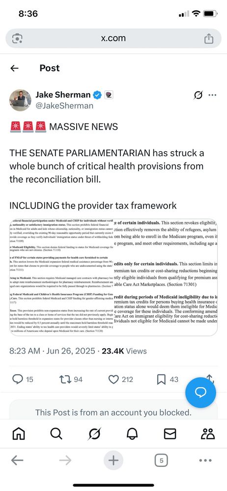 Twitter screenshot:

Jake Sherman (@JakeSherman) 

MASSIVE NEWS

THE SENATE PARLIAMENTARIAN has struck a whole bunch of critical health provisions from the reconciliation bill.

INCLUDING the provider tax framework

[Two screenshots embedded with the screenshot that are largely unreadable, but presumably demonstrate his point.] 