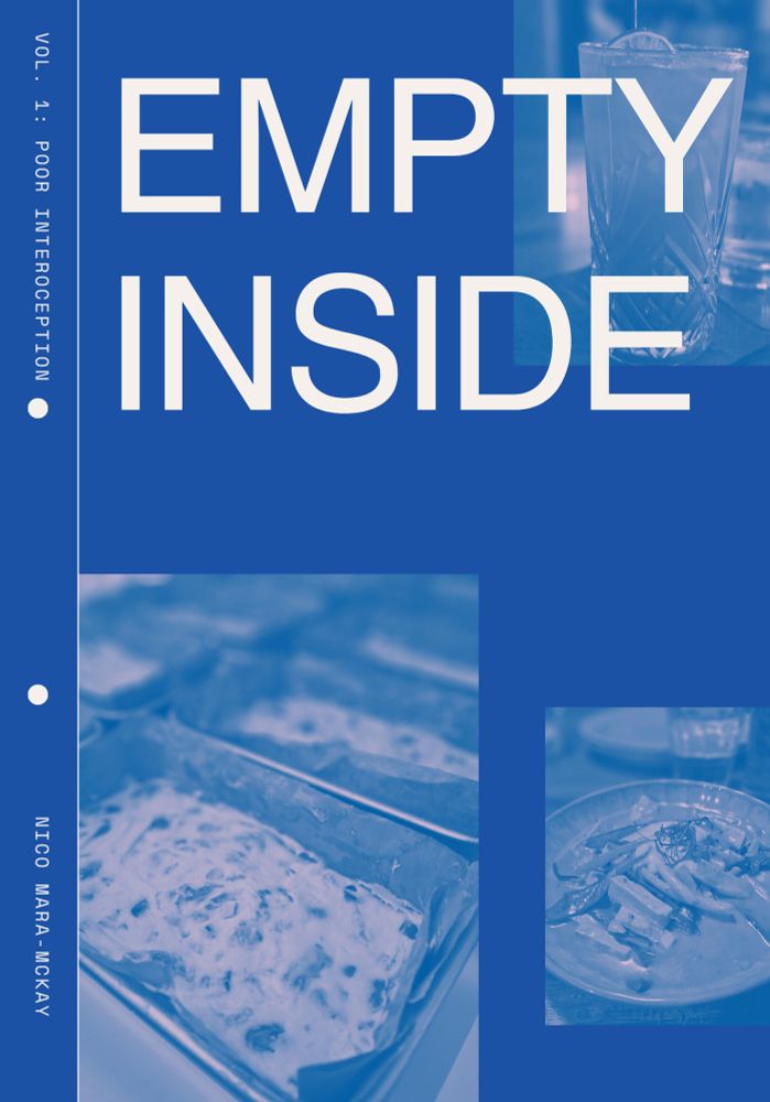 Draft cover for a new zine titled Empty Inside, vol. 1: Poor Interoception. The cover is blue and features three photos with a blue duotone effect: an unbaked series of loaf cakes, a curry, and a cocktail.