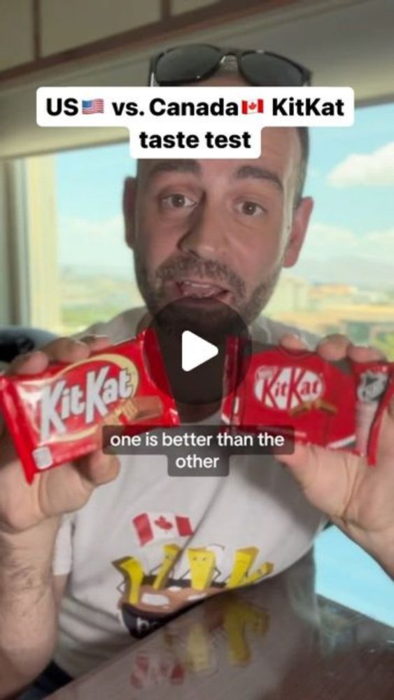 Joseph DeBenedictis on Instagram: "Totally different! 🤯🇺🇸🇨🇦 #kitkat #kitkatcanada #chocolate #tastetest #usavscanada #canadian #canada #usavscanada #canadianreacts"