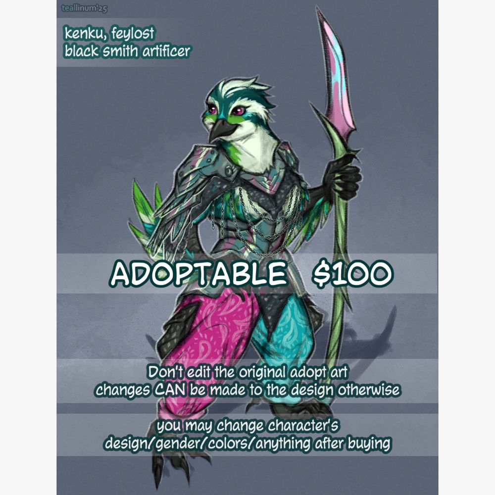 Kenku, who learnt about armor-making from feys is ready to show their inventions to your world 🦜 🌷 