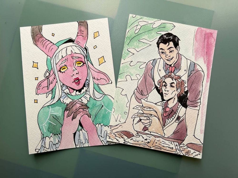 watercolor illustrations of Tyranny from Critical Role's Capaign 4 and Jayvik (Jayce and Victor) from Arcane
