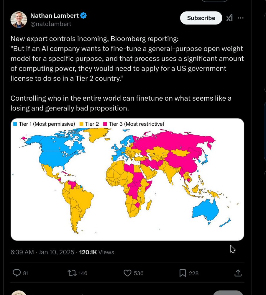It is a screenshot from Nathan Lambert @natolambert :

"New export controls incoming, Bloomberg reporting:
"But if an AI company wants to fine-tune a general-purpose open weight model for a specific purpose, and that process uses a significant amount of computing power, they would need to apply for a US government license to do so in a Tier 2 country."

Controlling who in the entire world can finetune on what seems like a losing and generally bad proposition."


 And the image below the tweet is showing first world countries (US, Canada, Australia, Japan, West Europe countries) in "Tier 1". China, Russia, some middle east countries, some south america countries and some africa countries in "Tier 3" and all other countries in the world in "Tier 2".

Tier 1 being most permissive and Tier 3 being most restrictive.