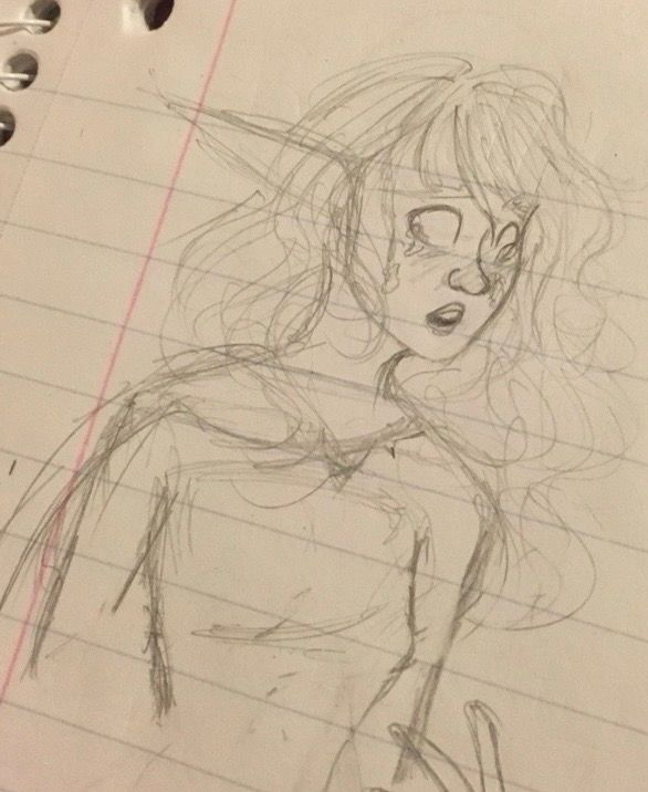 A very rough traditional sketch of Thelarii, a woman with wavy hair that reaches her shoulder blades, elongated pointed ears, and long eyebrows. She is crying. 